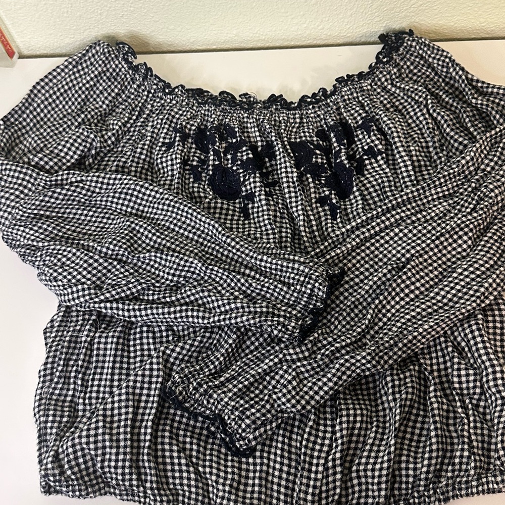 Hollister White and Blue Relaxed Blouse with Bell Sleeves